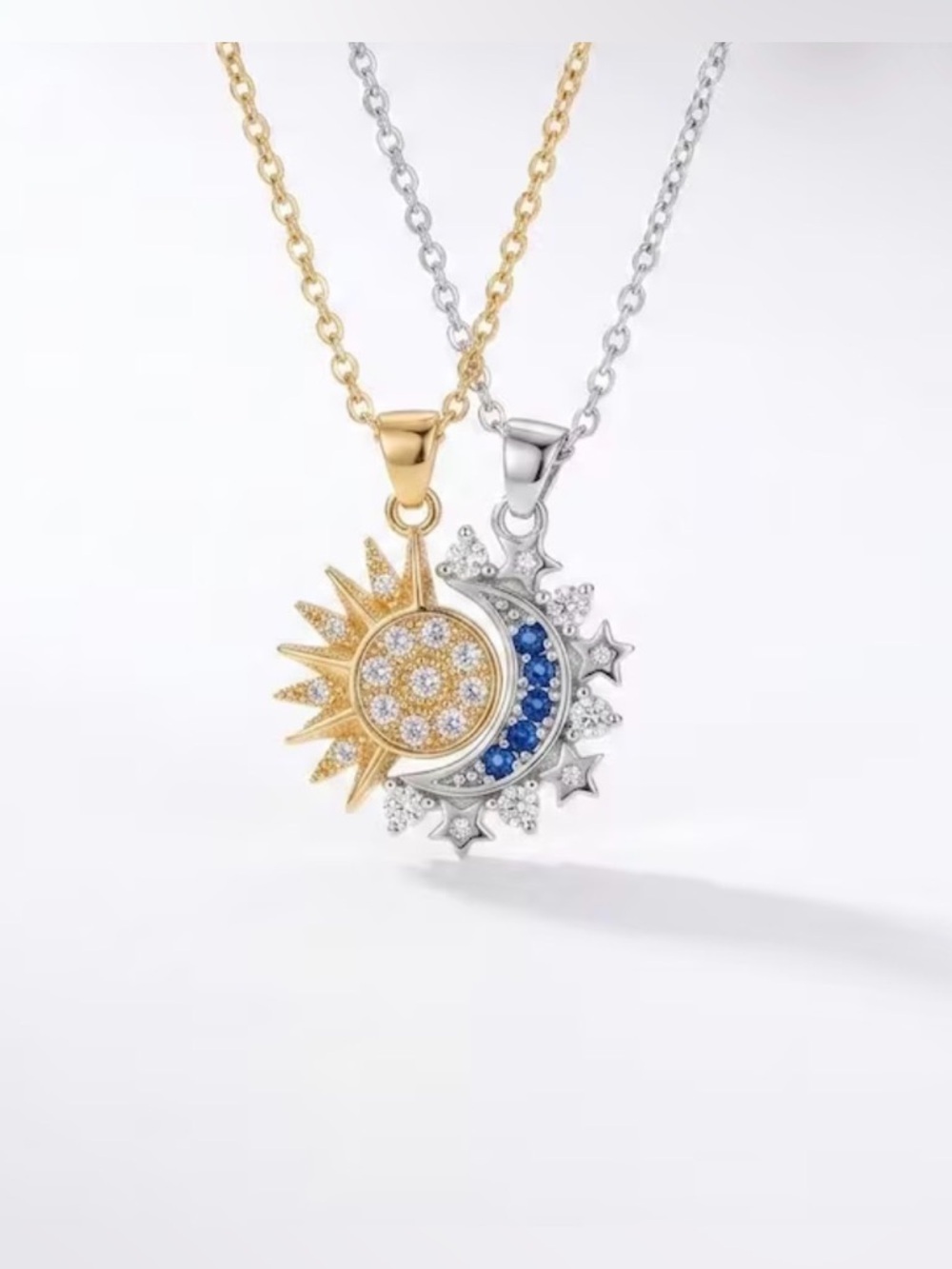 Gold and Silver Sun & Moon Pendant Necklace with Blue Accents - Picture 4 of 9